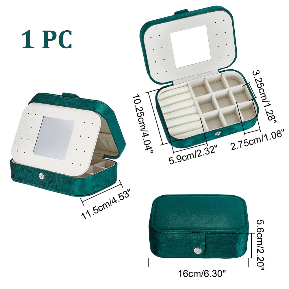 Rectangle Velvet Jewelry Set Box, Jewelry Organizer Case with Mirror, for Earring, Ring, Bracelet Storage, Dark Green - Image 2