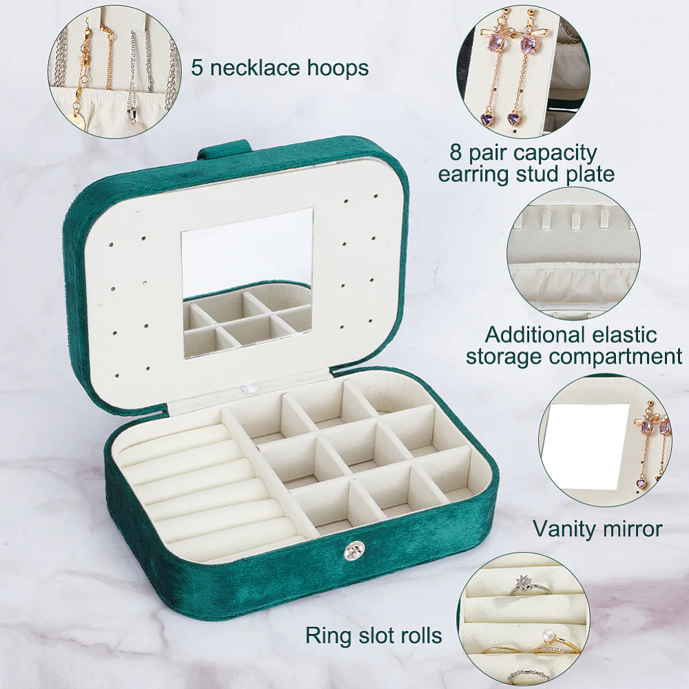 Rectangle Velvet Jewelry Set Box, Jewelry Organizer Case with Mirror, for Earring, Ring, Bracelet Storage, Dark Green - Image 4