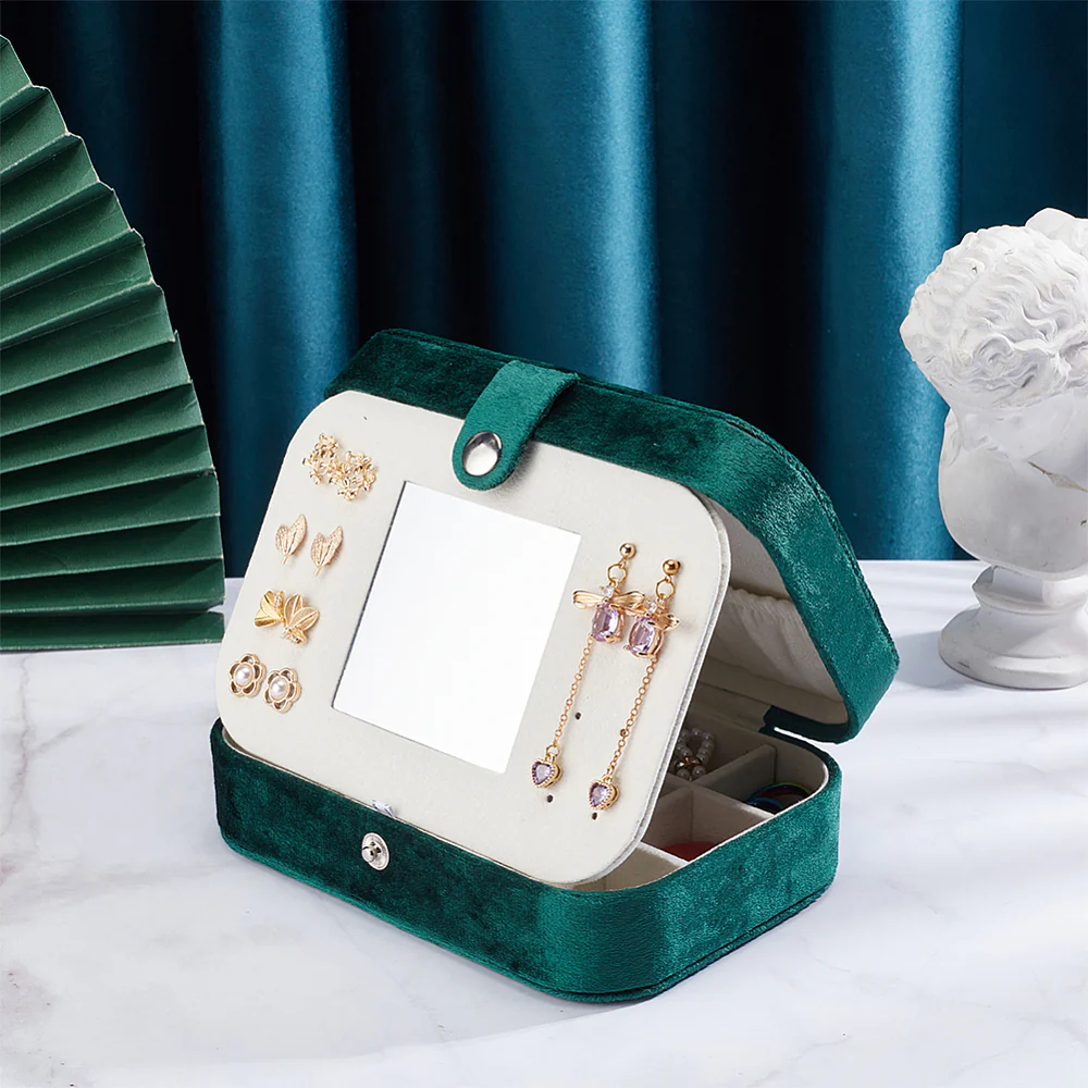 Rectangle Velvet Jewelry Set Box, Jewelry Organizer Case with Mirror, for Earring, Ring, Bracelet Storage, Dark Green - Image 5