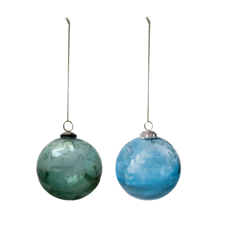 Recycled Glass Ball Ornament w/ Etched Leaves, 2 Styles