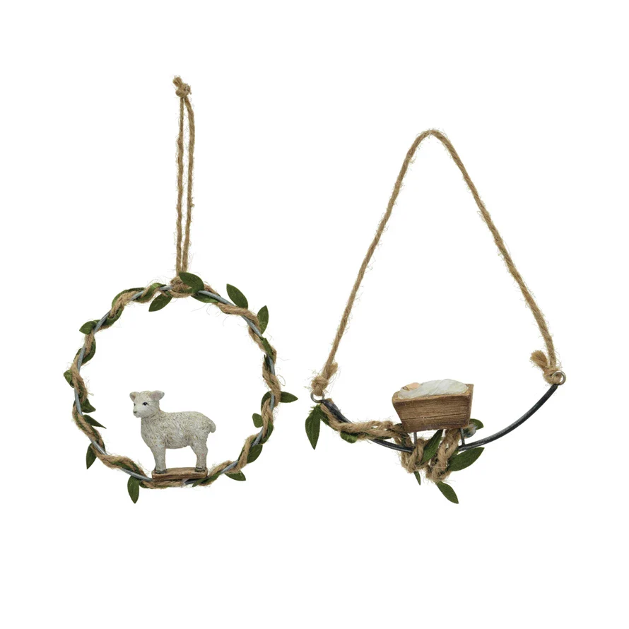 Resin & Metal Baby Jesus/Lamb Ornament w/ Jute & Faux Leaves, 2 Styles