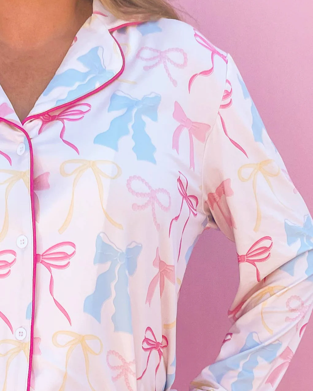 Rock Paper Scissors - XL - Pink Pastel Bows Long Sleeve Loungewear Pajama Set
