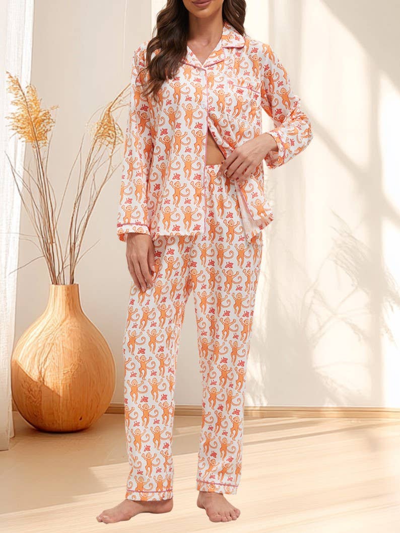 Rosa Clothing - Cute Comfy Monkey Print Long Sleeve Pajama Set: Blue - Image 4