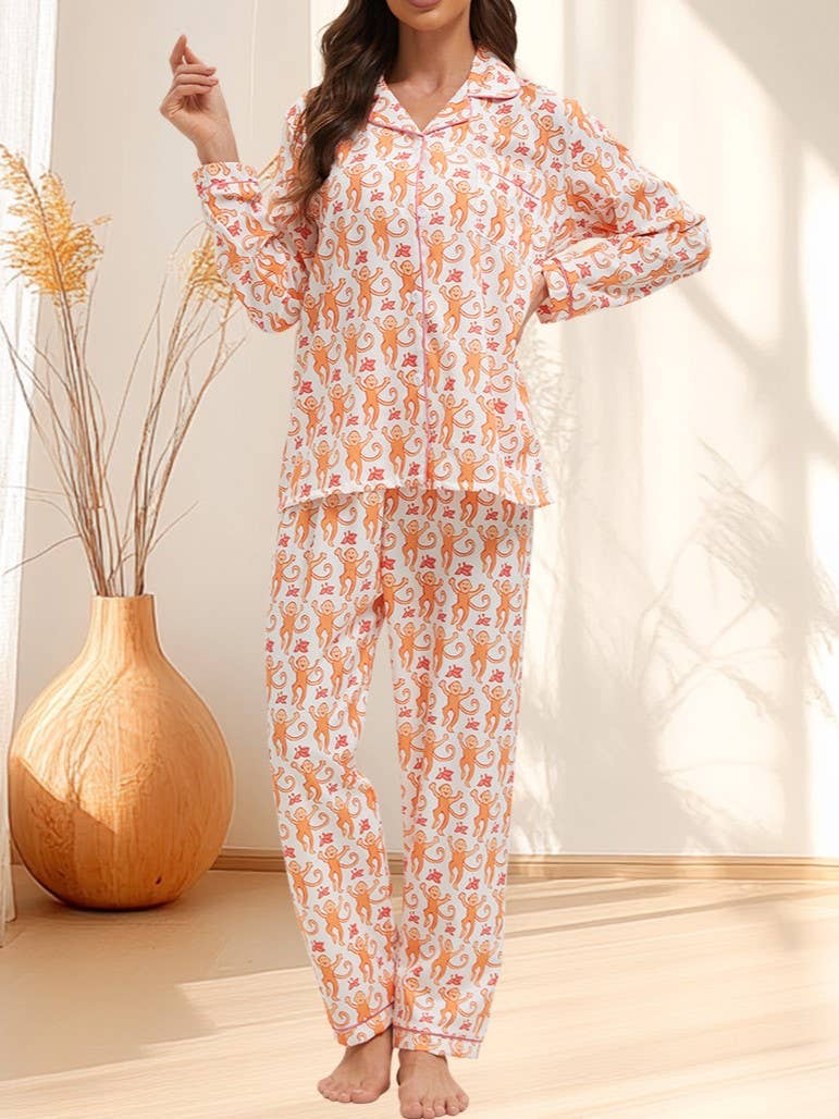 Rosa Clothing - Cute Comfy Monkey Print Long Sleeve Pajama Set: Green - Image 3