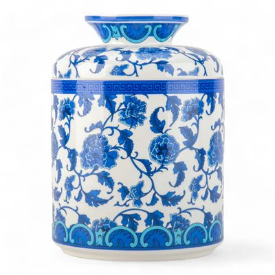 ROUND LIDDED TISSUE BOX - BLUE FLORETS