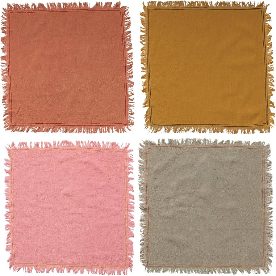 S/4 18" Square Cotton Napkins w Fringe, 4 Colors