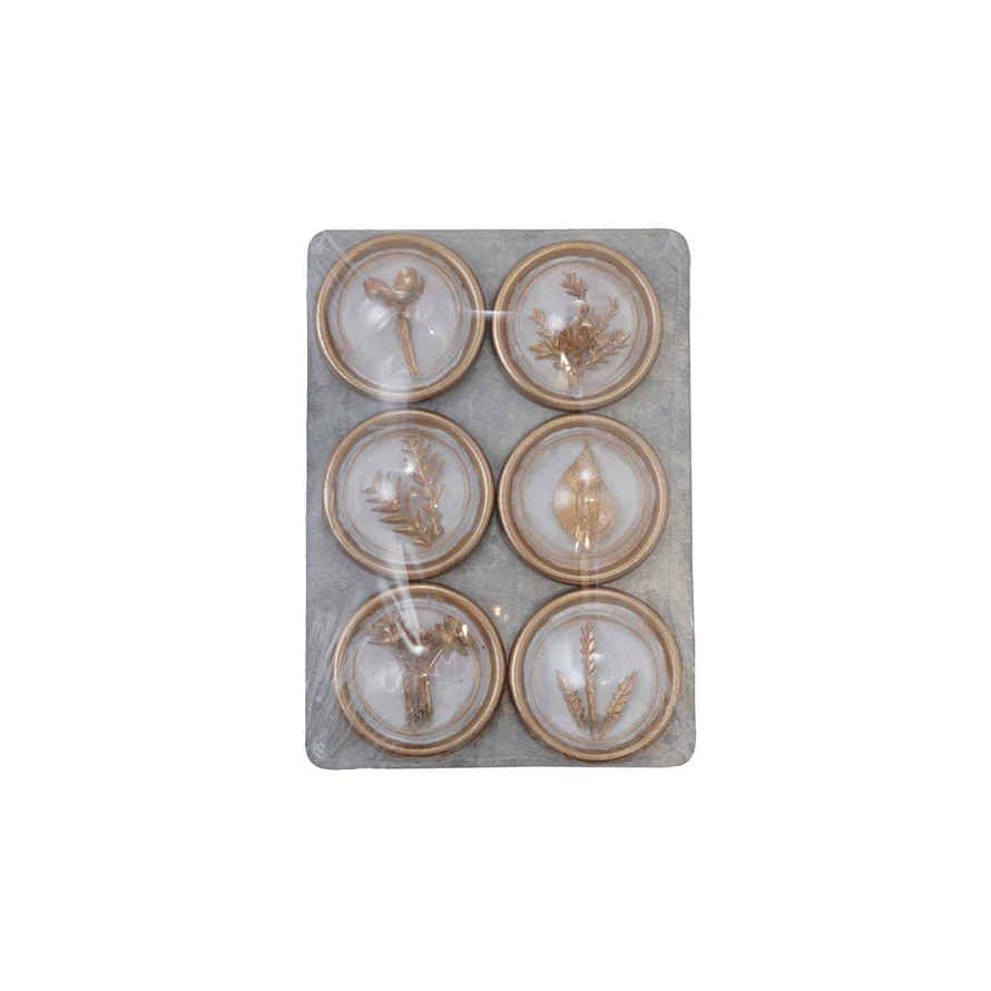S/6 1-1/2" Rd Metal Magnets On Card w Gold Greenery