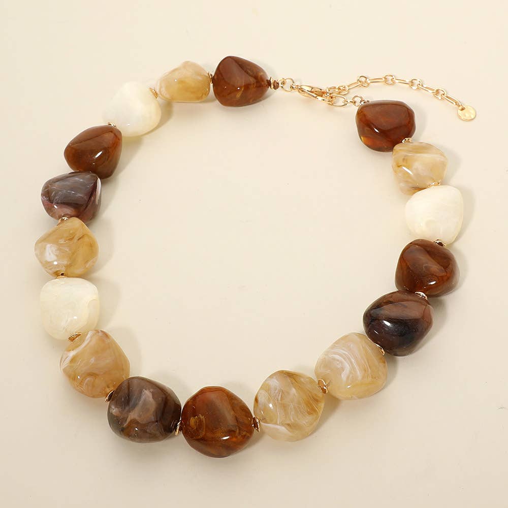 Sensibling Corp. - Chunky Marbled Resin Pebble Beaded Statement Necklace: Brown