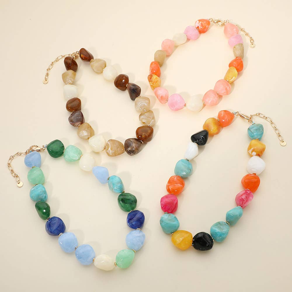 Sensibling Corp. - Chunky Marbled Resin Pebble Beaded Statement Necklace: Brown - Image 2
