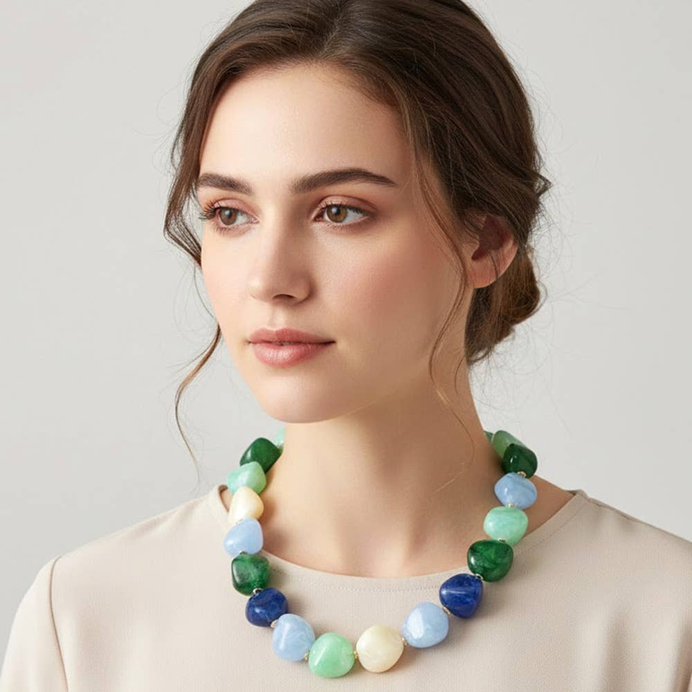 Sensibling Corp. - Chunky Marbled Resin Pebble Beaded Statement Necklace: Brown - Image 3