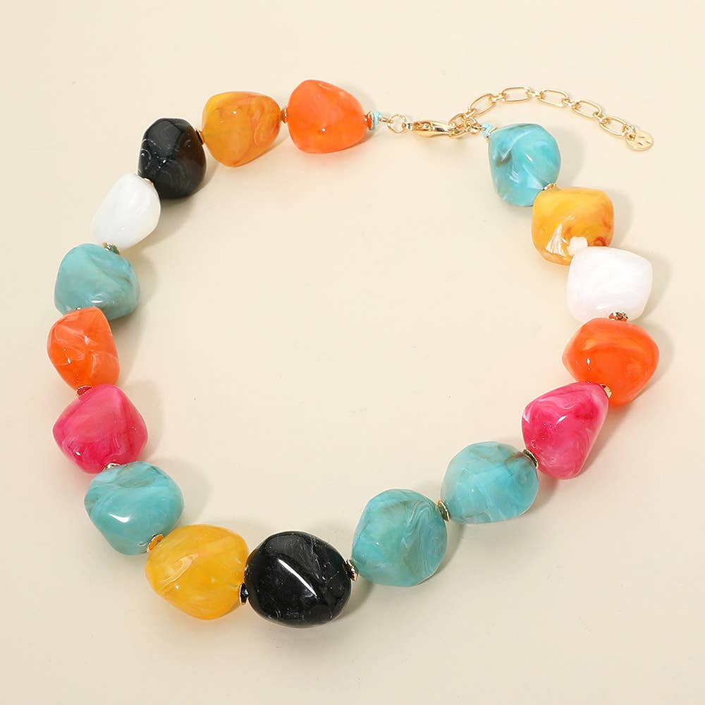 Sensibling Corp. - Chunky Marbled Resin Pebble Beaded Statement Necklace: Brown - Image 6