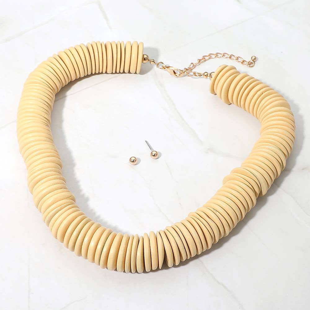 Sensibling Corp. - Chunky Wooden Disc Beaded Statement Necklace: Beige - Image 4