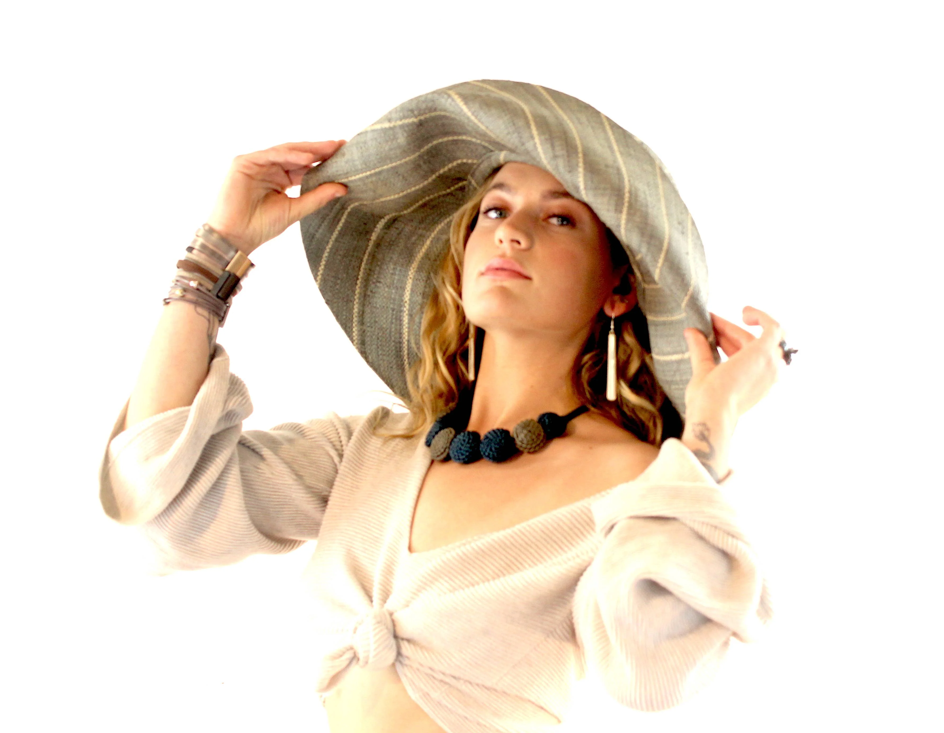 Shebobo - Sun Hats: Pinstripe Packable 5" & 7" Brim Raffia Straw: 5" Brim / Brights Multicolor Pinstripes - Image 4