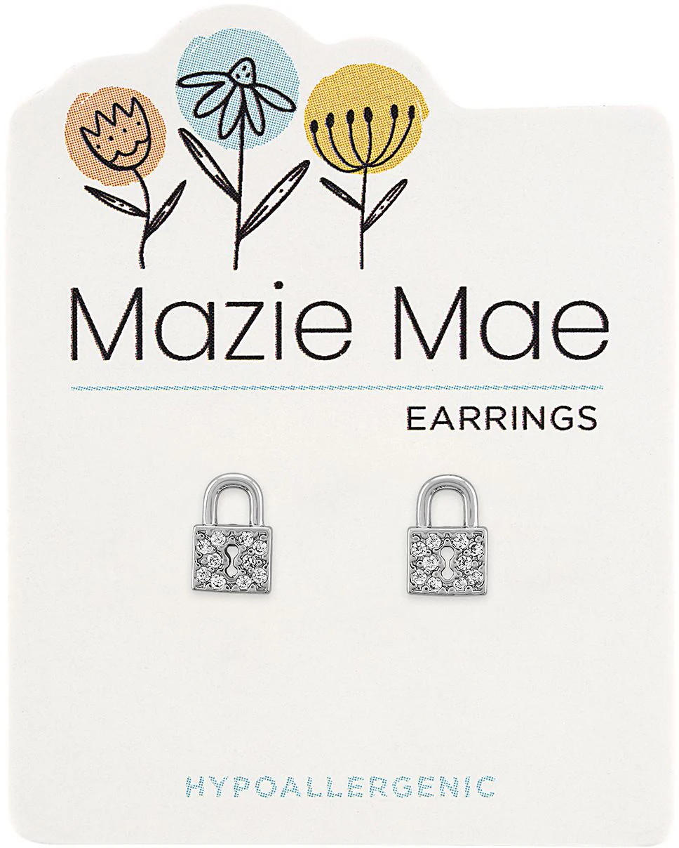 Silver CZ Padlock Stud Mazie Mae Earrings