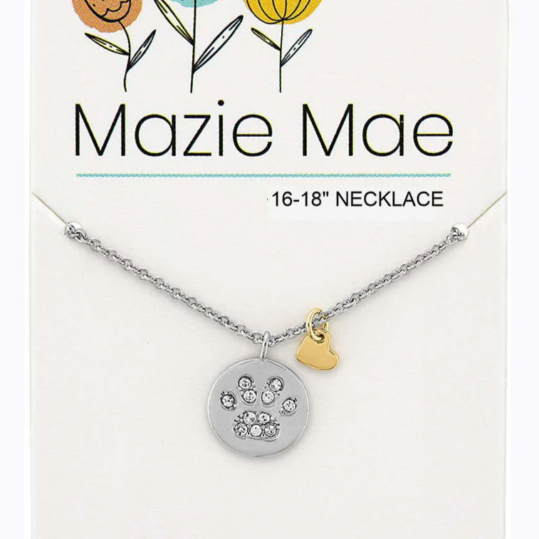 Silver Paw Print Pendant and Gold Heart Dangle Mazie Mae Necklace