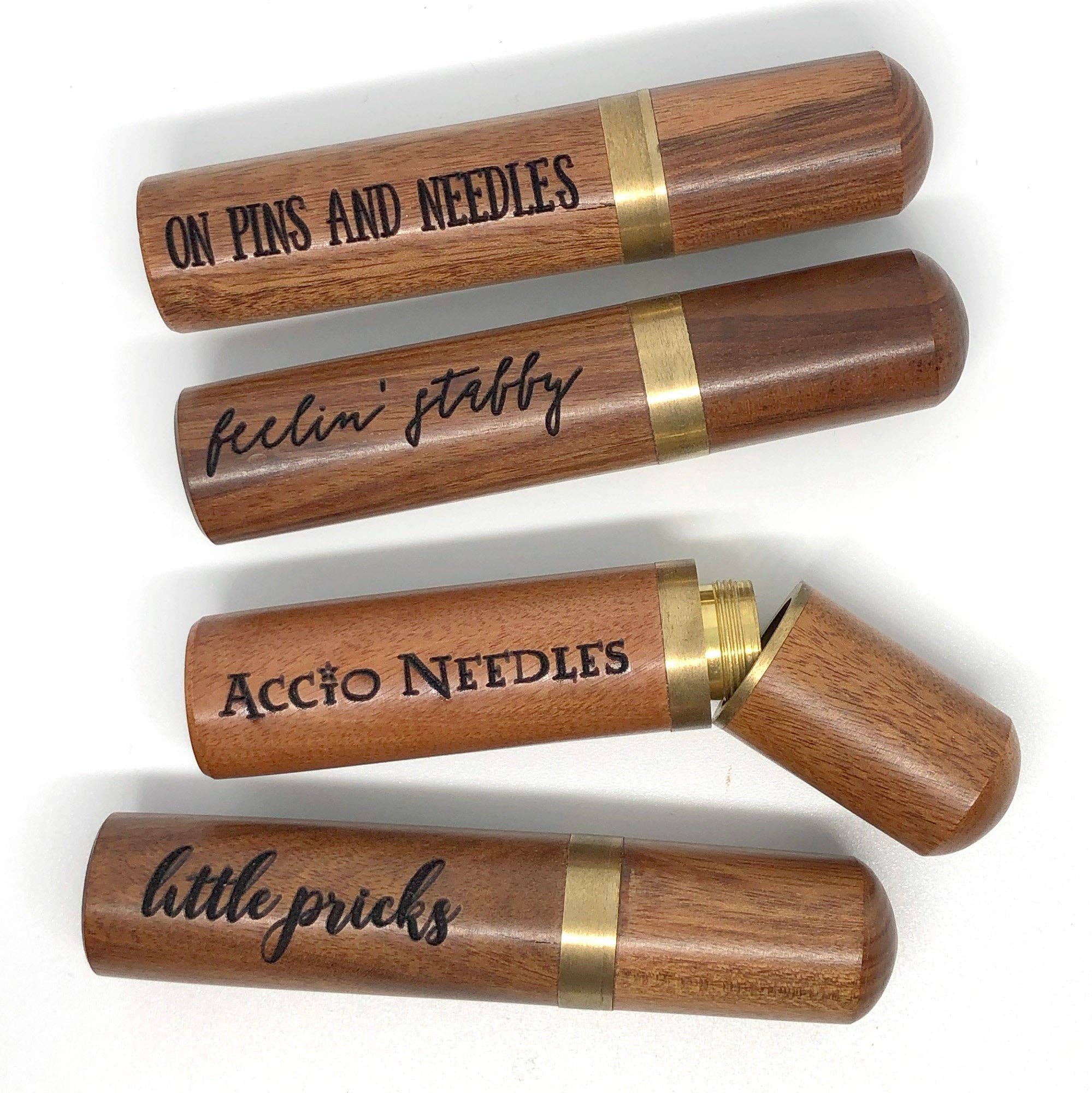 Snarky Crafter Designs - Little Pricks Engraved Needle Case: Snarky Embroidery Cross Stitch Quilting Custom Solid Wood Brass Screw Top Needle Storage Tube Container: On Pins & Needles - Image 2