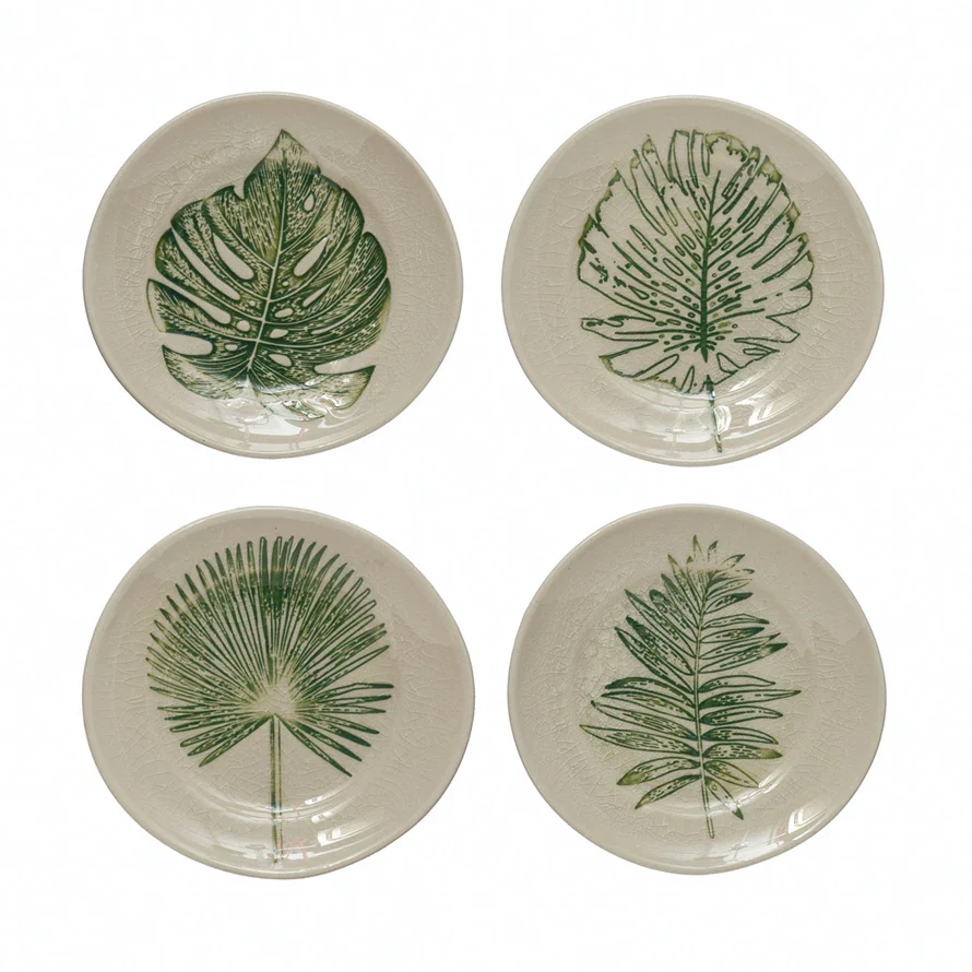 Stoneware Plate with Debossed Leaf, Reactive Crackle Glaze, 4 Styles