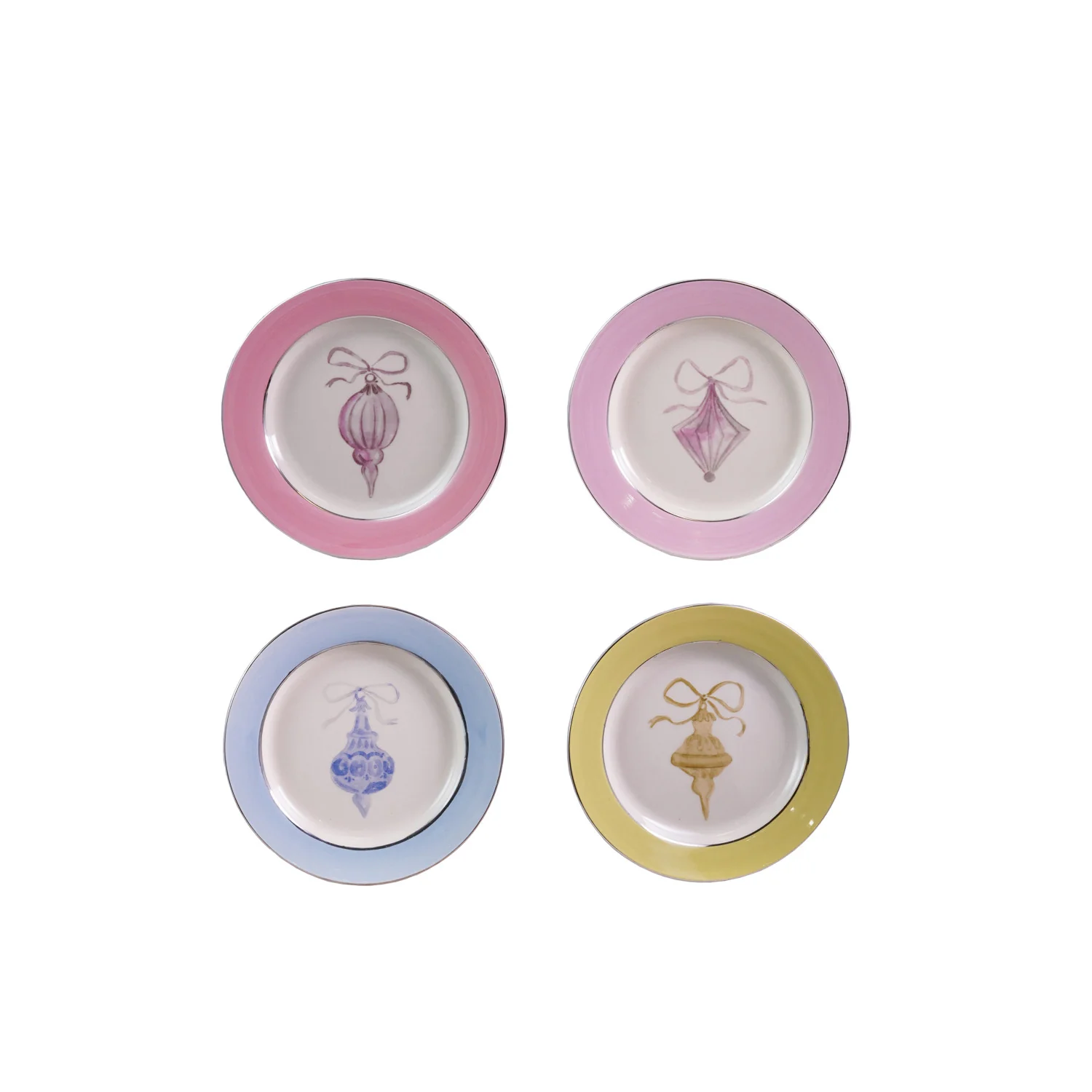 Stoneware Plate with Ornament Image & Electroplated Edges, 4 Styles