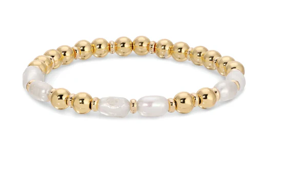 Stretch Bracelet with 6 grouped oblong pearls and discs