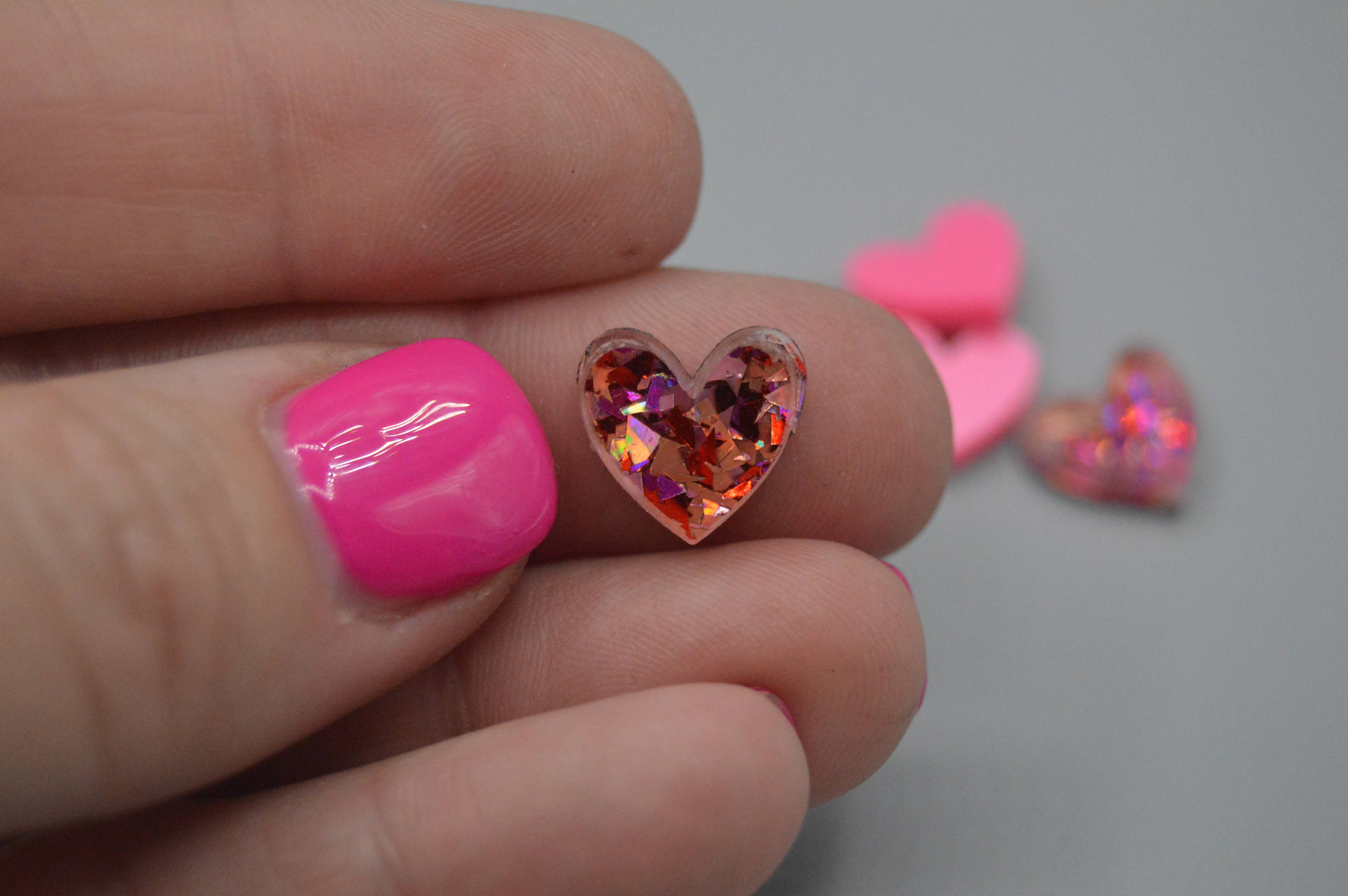 The Adorned Fox - Heart Stud Acrylic Earrings: Magenta Hex Confetti - Image 10