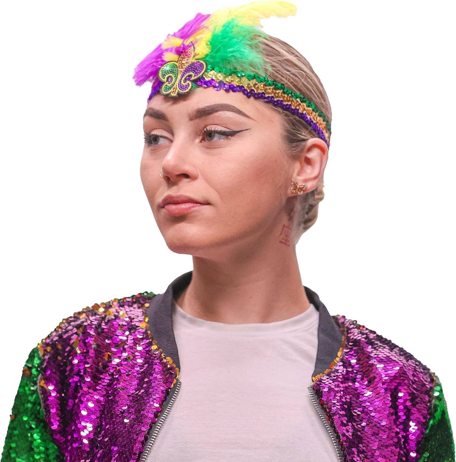 The Mardi Gras Krewe - Mardi Gras Sequin Headband with Feathers, Mardi Gras Accessories, Green Purple and Yellow Feather Headband with Fleur-de-lis - Image 3