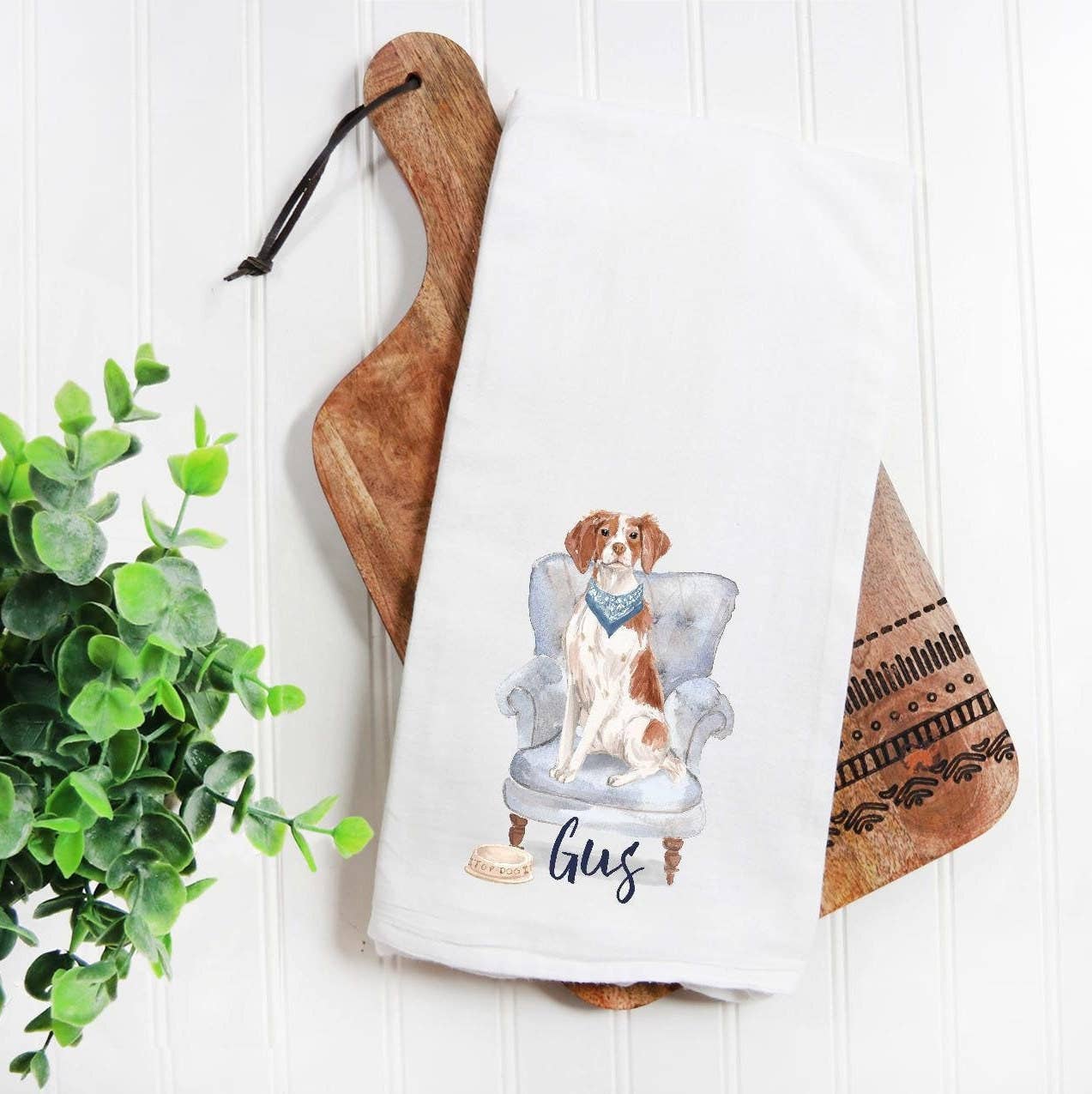 The Preppy Pineapple Home-Brittany Spaniel Flour Sack Tea Towel: Green Plaid Bow Tie/Palm Chair - Image 2