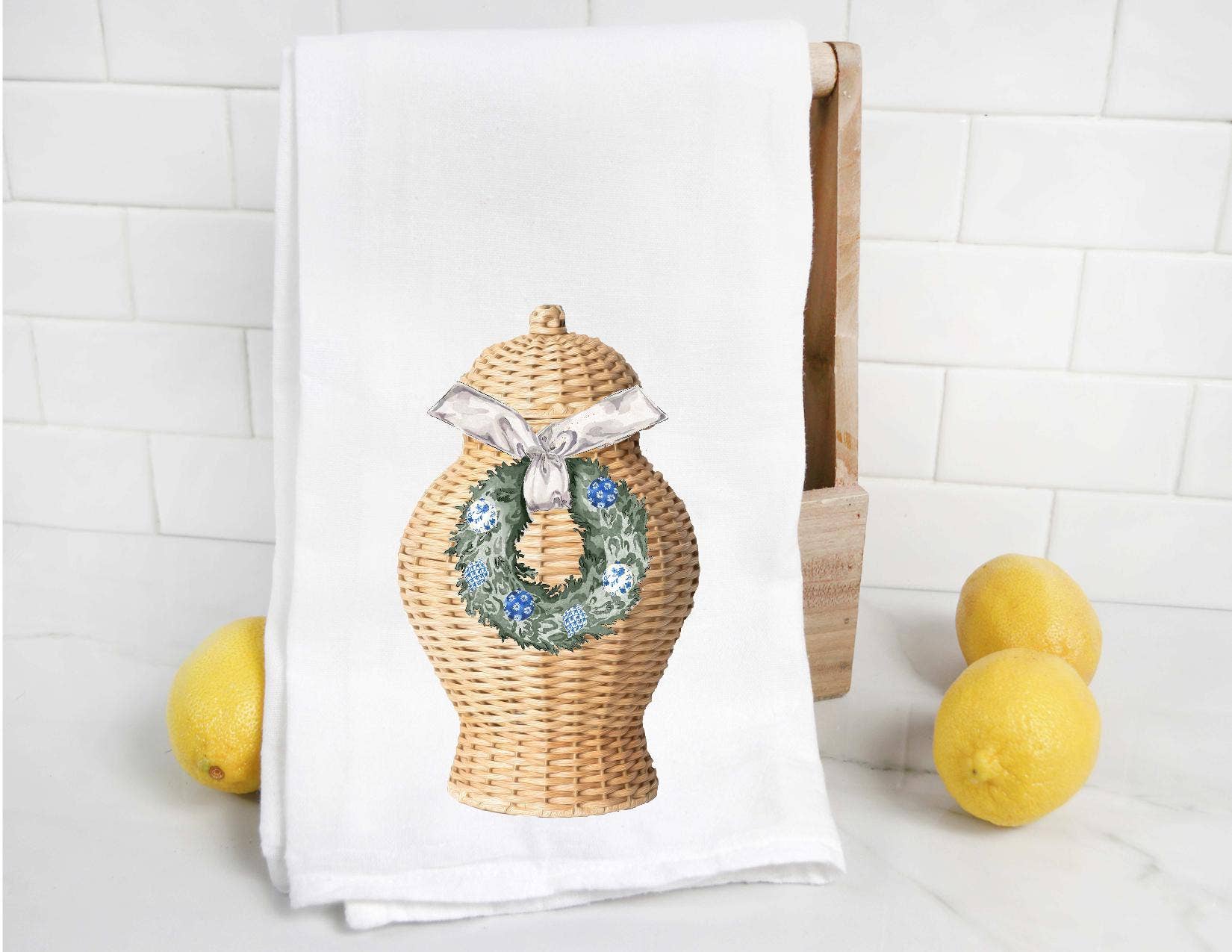 The Preppy Pineapple Home - Chinoiserie Holiday Wicker Ginger Jar Tea Towel