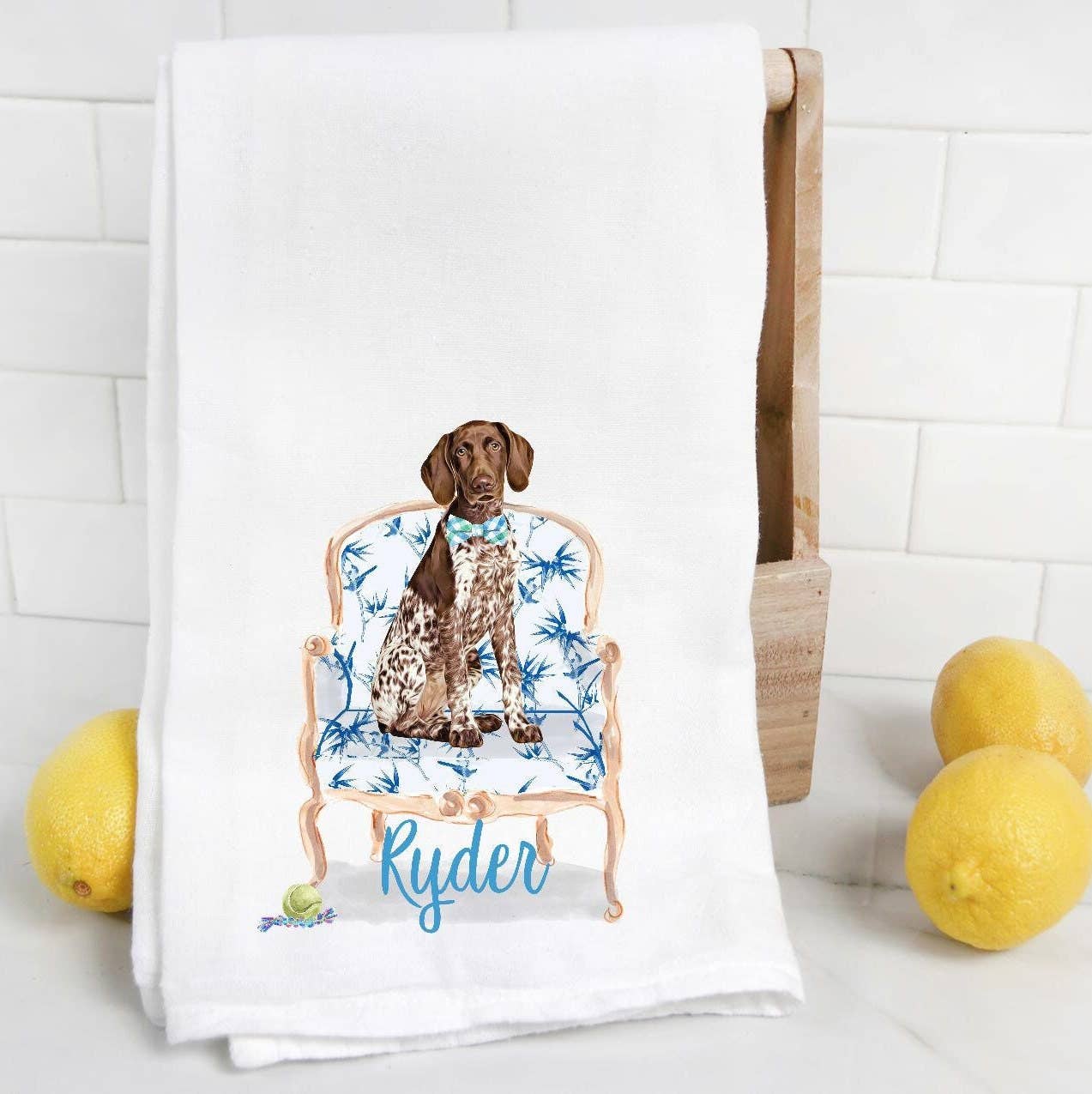 The Preppy Pineapple Home - Custom Brown Pointer Flour Sack Towel with Pet Name: No Accessory / Wingback Chair - Image 4