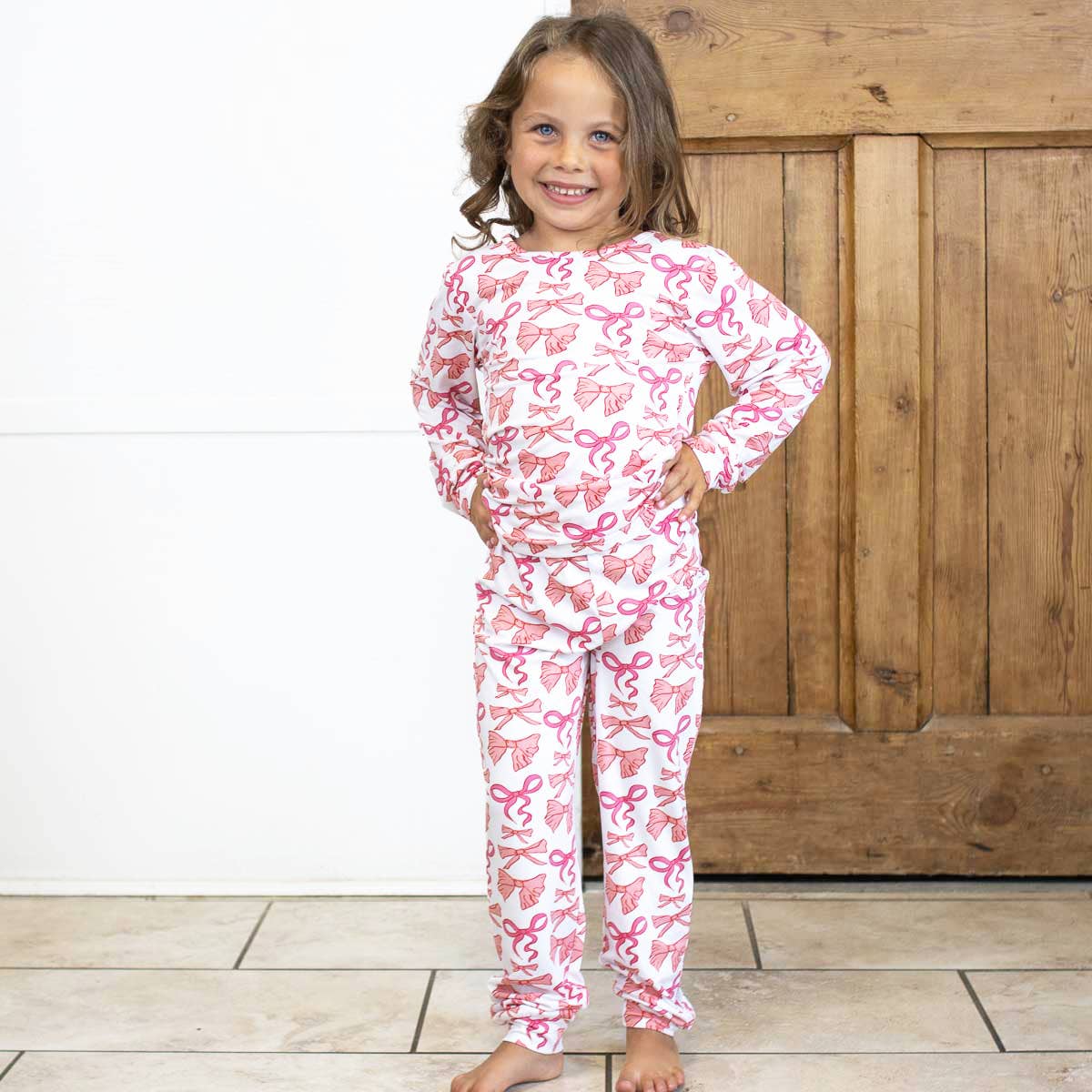 The Royal Standard - Kid's Sutton Bow Long Sleeve Pajamas White/Pink -Asst.: 5T