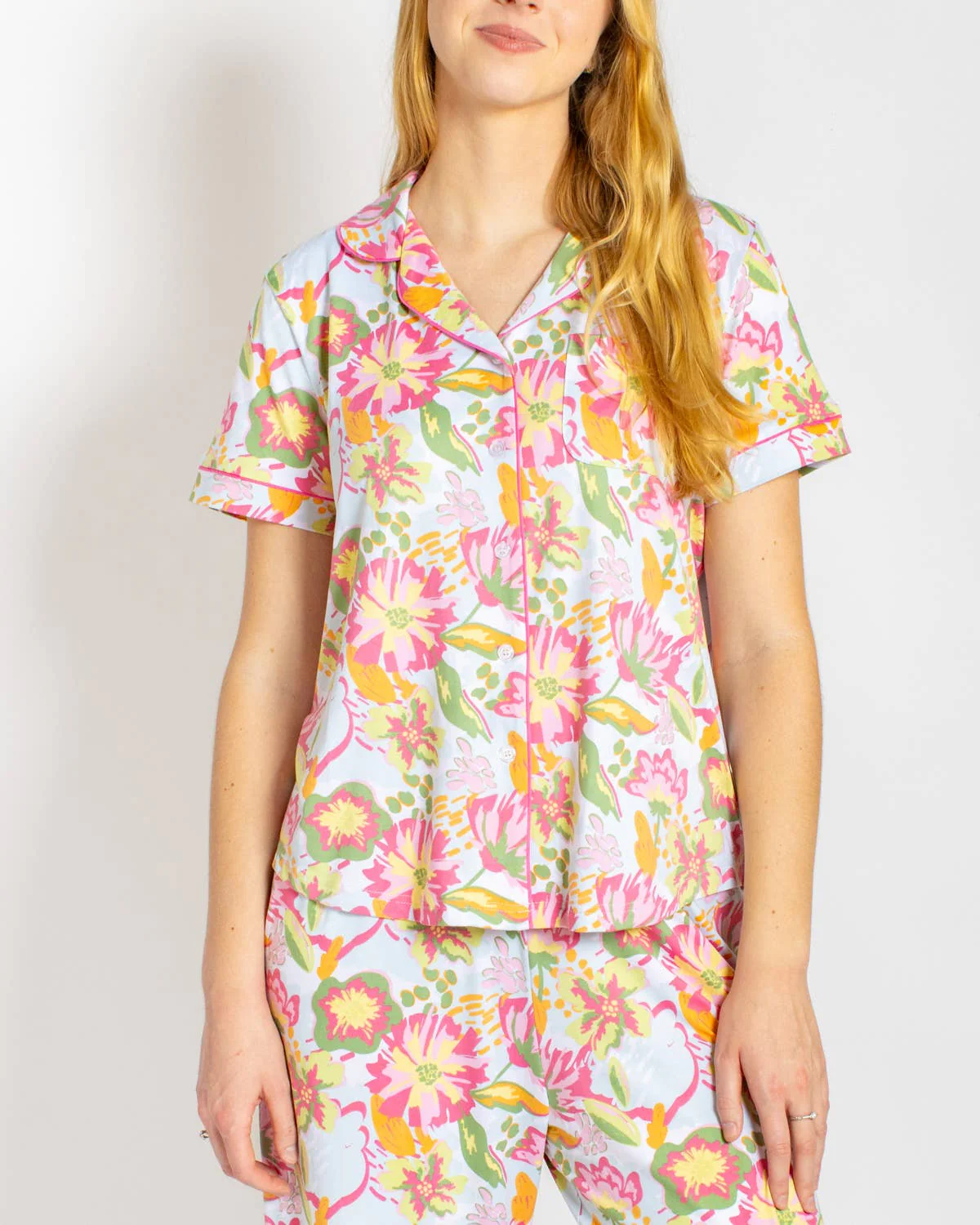 The Royal Standard - Summer Bouquet Short Sleeve Button Up Sleep Shirt Pink/Blue/Multi -Asst.: Large - Image 2