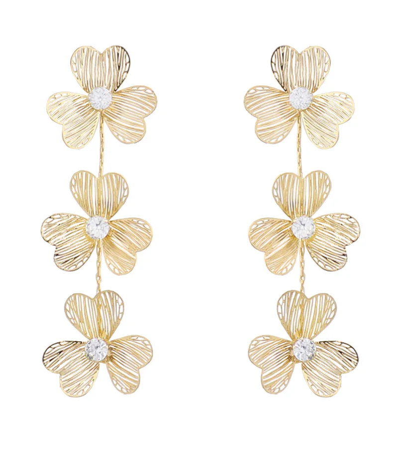 Thin Gold Printed Metal Flower with Pearl Stud 2" Drop Earring