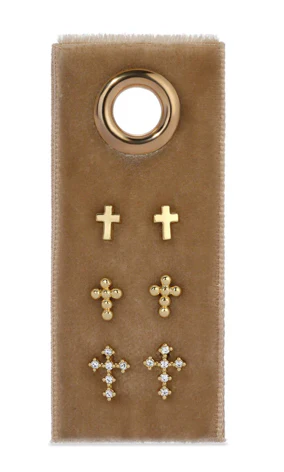 Velvet Gift Stud Set- Cubic Zirconia Cross, Ball Cross, Plain Cross- Gold