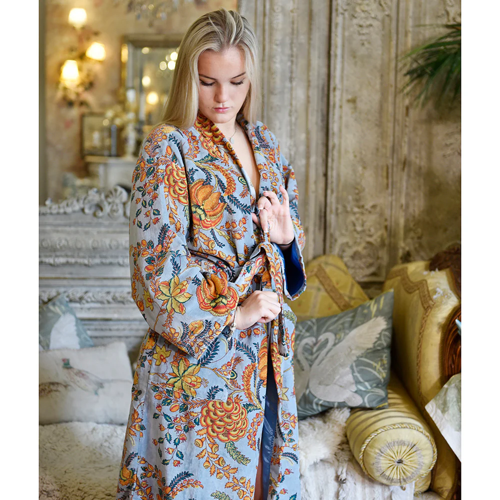 Velvet Grey, Coral & Mustard or Hot Pink Bird Print Dressing Gown With Satin Lining - Image 2