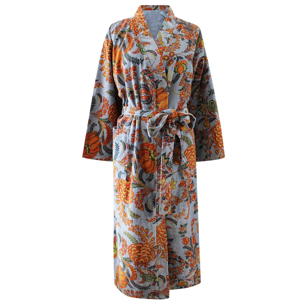 Velvet Grey, Coral & Mustard or Hot Pink Bird Print Dressing Gown With Satin Lining - Image 3