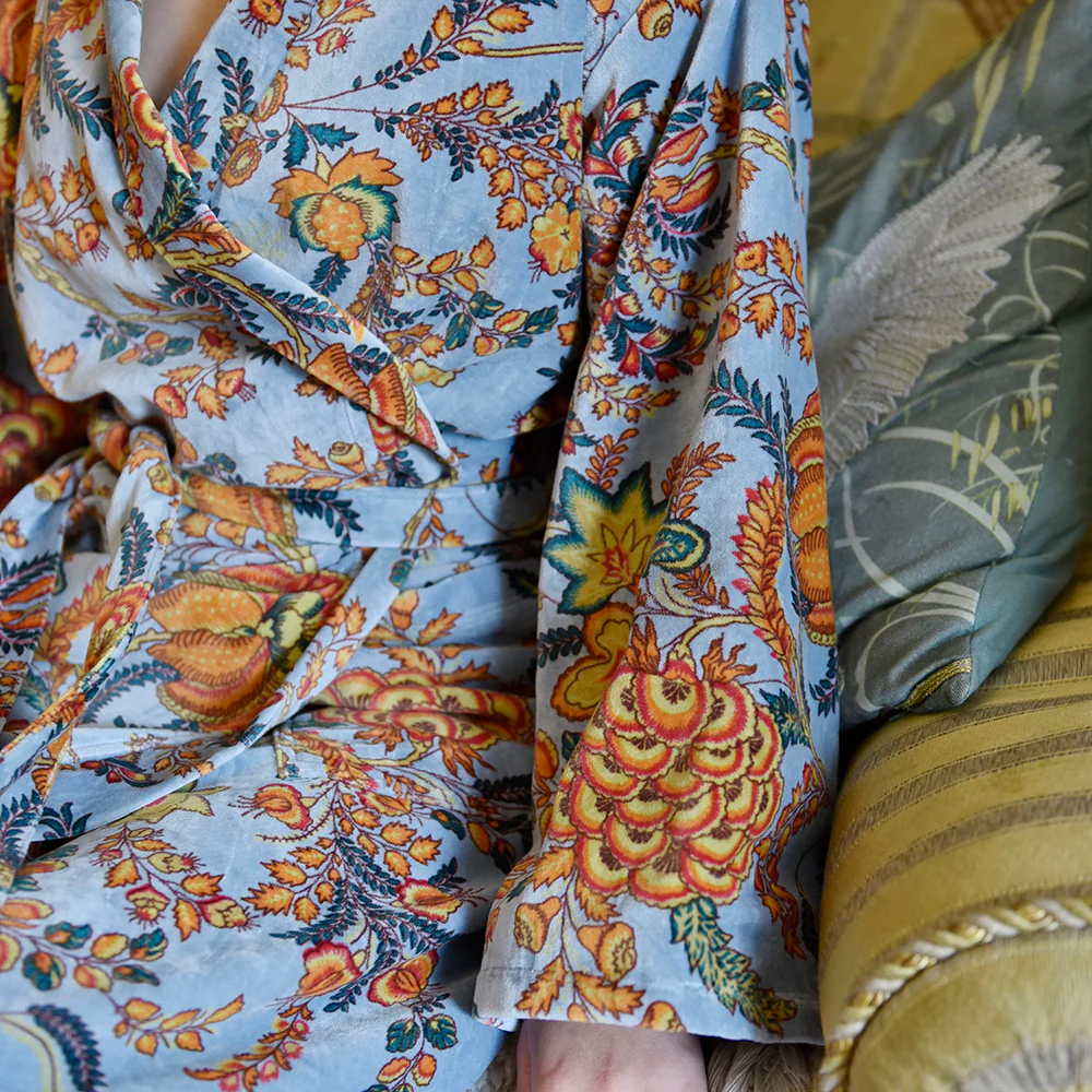 Velvet Grey, Coral & Mustard or Hot Pink Bird Print Dressing Gown With Satin Lining - Image 4