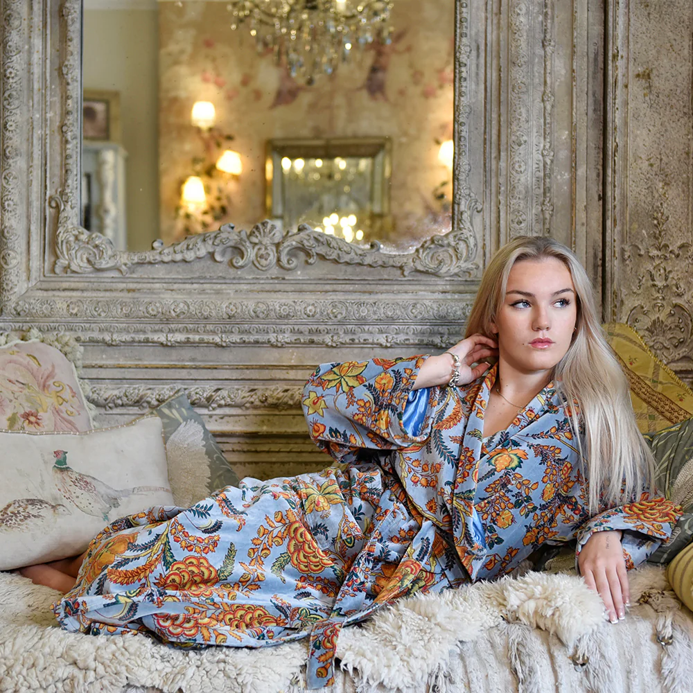 Velvet Grey, Coral & Mustard or Hot Pink Bird Print Dressing Gown With Satin Lining - Image 5