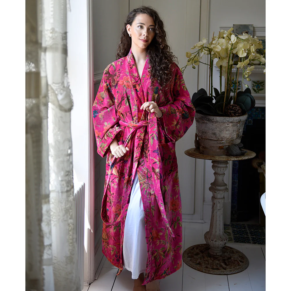 Velvet Grey, Coral & Mustard or Hot Pink Bird Print Dressing Gown With Satin Lining - Image 6