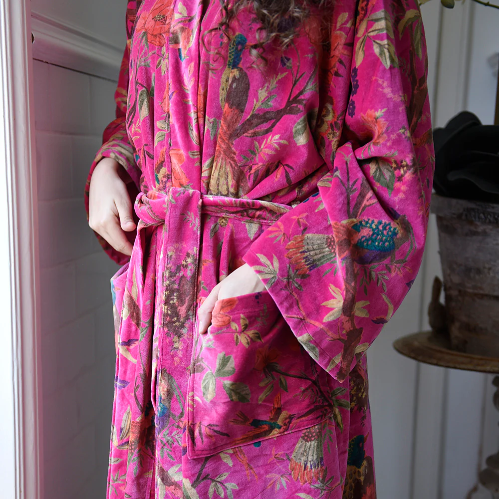 Velvet Grey, Coral & Mustard or Hot Pink Bird Print Dressing Gown With Satin Lining - Image 7