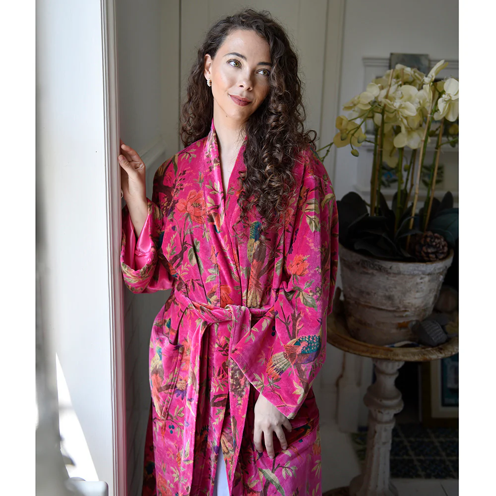 Velvet Grey, Coral & Mustard or Hot Pink Bird Print Dressing Gown With Satin Lining - Image 8