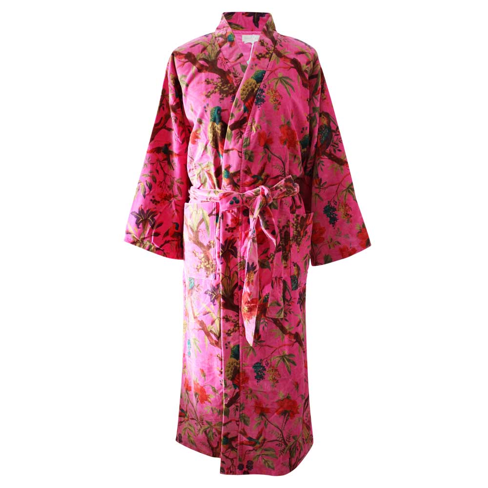 Velvet Grey, Coral & Mustard or Hot Pink Bird Print Dressing Gown With Satin Lining - Image 9