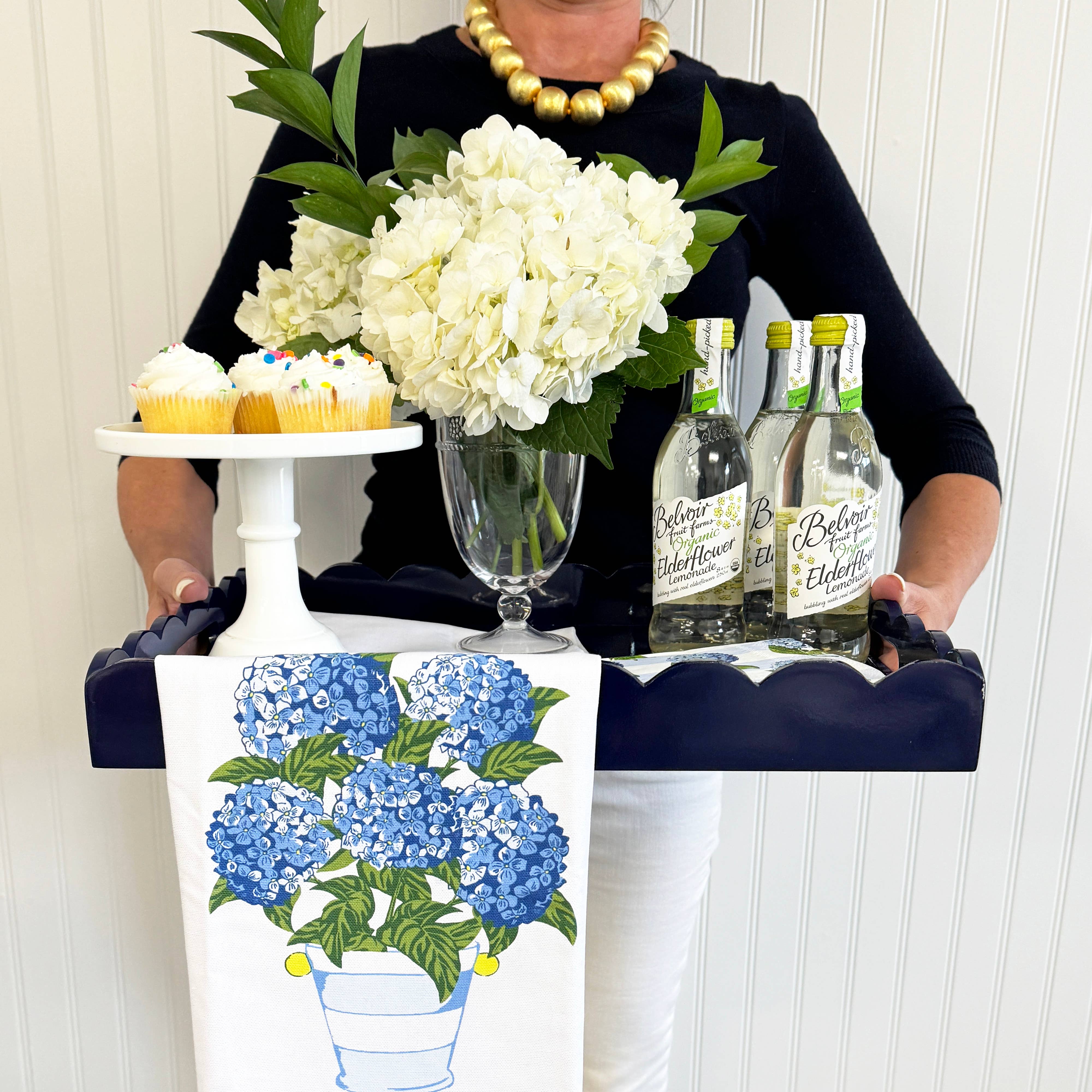 WH Hostess Social Stationery - Hydrangeas Striped Pot Tea Towel - Image 2